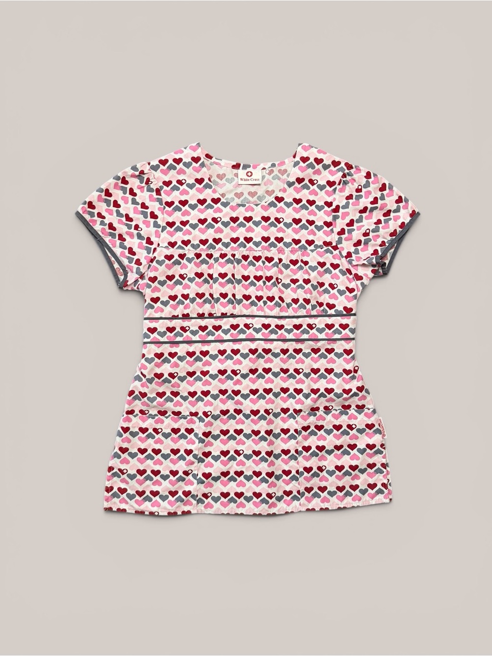 Y2K White Cross scrub top with heart print & tie waist